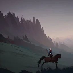  mountains with medieval knight traveling on a horse in the background