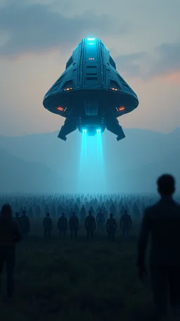 A field of random people at the end of the picture a blue dark aliens spaceship , cinematic, 8k