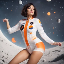 attractive youthful short hair brunette dancing on the moon in leotard made in pieces of space fabric with white and orange badges and zip