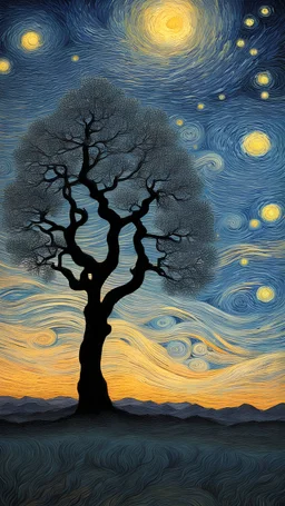 stand alone tree and stars on the sky by Van Gogh