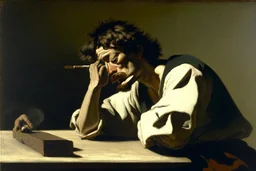 man smoking on picnic table by Caravaggio