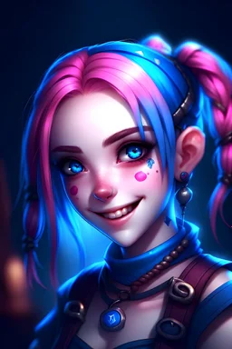 Pale girl, pink eyes, blue hair, braided pigtails, gothic makeup, smiles, looks like Jinx league of legends