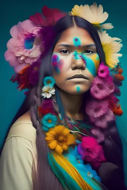 Native woman with flowers as hair in many colors looks at the camera