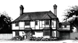 A detailed ink illustration of a front elevation of a Tudor fantasy house, with tall chimneys and roofs.