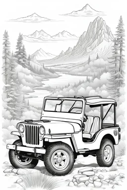 outline art for an adults coloring page, Willys Jeep on an Off-Road Adventure , white background, detailed sketch style,no color , only use outline, clean art , white background, no shadows and clear well outlined,