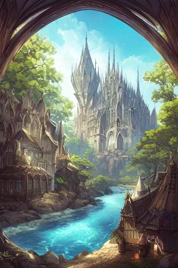 gothic building on a lake shore with fantasy trees and rocks