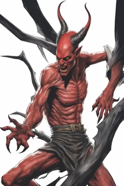 Realistic malevolent devil leaning forward at an angle facing left, posed as if over a person's shoulder, red skin, horror style, no other person.