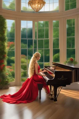 A hyper-realistic , an mysterious woman in all red dress, with very long blonde hair , playing piano in the living room of a huge mansion near a window showing a beautiful garden outside, vibrant colors,, 64K, hyperrealistic, vivid colors, (glow effects:1.2) , 4K ultra detail, , real photo