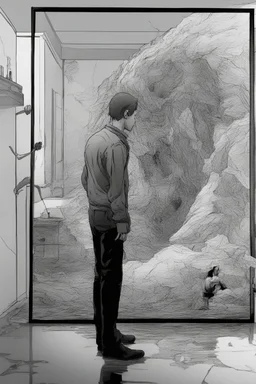 a man looking into a shattered bathroom mirror and seeing a horrifying, abstract deranged monster in his reflection