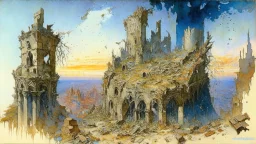 Destroyed City, medieval ruins, debris, stone, breched, brocken, Perspektiv from the sky, by Jean-Baptiste Monge, Ivan Bilibin, Albert Bierstadt, Reza Badrossama, watercolor, intricate details, fantasy, beautiful, oil on canvas, award winning, imperial colours, fantastic view, radient colours, very attractive, crisp quality