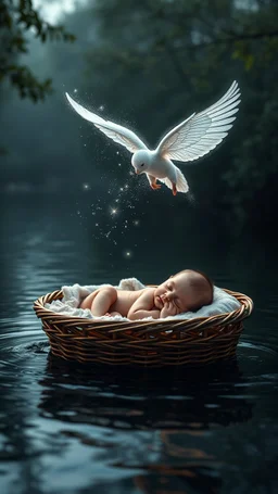 A baby sleeping in side a basket bed that is floating in the river and an beautiful fairy like an angel with sparkling wings flying over him, 4K, a dramatic , cinematic, great lighting