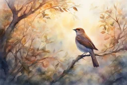 Nightingale on a branch in a thick hedgerow, singing, the breath draws a misty swirling pattern, sunrise, warm colors, smooth intricate high definition beautiful lighting watercolor dramatic lighting polished deep color warm light