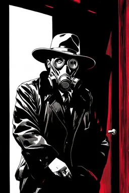 man with hat (wide and flat brim and a flat top) shading face, wearing a gas-mask, leaning in a doorway, vignette, black and white graphic novel style with a red outline on black background, gothic horror