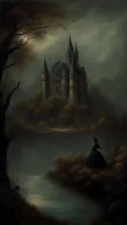 , beautiful and highly detailed , meticulously detailed dark sky, strange witch; ethereal fantasy hyperdetailed mist, maximalist matte painting, polished, realistic oil painting; Victorian era portrait castle by the lake ,painting, old fashioned, vintage, antique, beautiful, bleak environment, gothic, spooky, eldritch, 16k