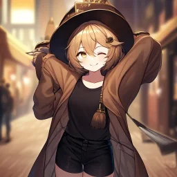 Clear focus, High resolution, short brown spiky hair, hair between eyes, eyes closed, wearing a brown detective hat, wearing a brown jacket and a black shirt, wearing black shorts, 1girl, pulling hat down, smiling