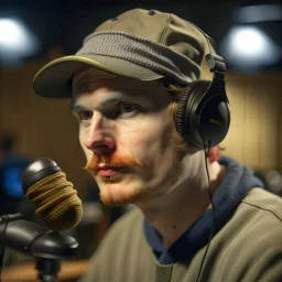 John Dennis Haraberget, norwegian rapper in silver gloden studio and with a tiny weird hat, young dark and handsome, with thick hairy eyebrows, and tiny mic, directing a debate, photo-realistic, shot on Hasselblad h6d-400c, zeiss prime lens, bokeh like f/0.8, tilt-shift lens 8k, high detail, smooth render, down-light, unreal engine, prize winning