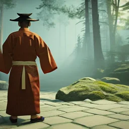 A man in old Japanese clothes standing in rain, high quality , high details , unreal engine, dream style , magic style ,