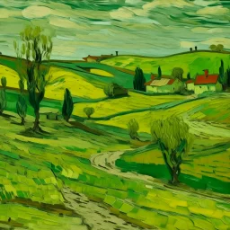 A lime green wasteland with small barren village painted by Vincent van Gogh