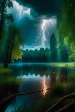 There is a storm in the magical forest. Lightning strikes the pond.