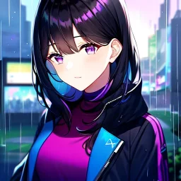 8k, Girl, high quality, detailed, black hair, purple eyes, beautiful lighting, vibrant colors, jacket, raining,