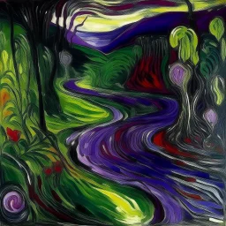 A purple jungle with a poisonous river painted by Edvard Munch