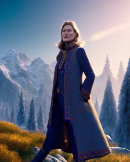 beautiful illustration of merryl streep in the mountains, in the style viktor klint and moebius, rim light, vibrant moody colors, plain background, soft lighting, unreal engine