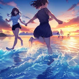 Clear Focus, High resolution, two girls holding hands running on water on sunset