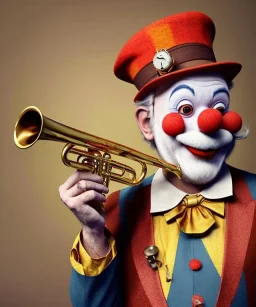 happy and funny old friendly clown with round head and trimmed beard playing jazz with a steampunk theme, trumpet on mouth, carnival, dreamy