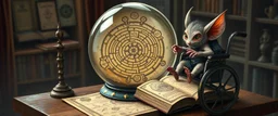 map of labyrinth contained in a glass ball with elemental sigils and symbols on a table beside a book called Rotten Riddles of a Forgotten Age with weird illustrations, being read by an fluffy imp kobold gremlin druid librarian in a cyber punk wheel chair