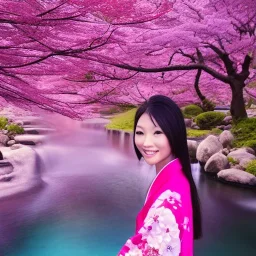 jolie femme asiatique en kimono près d'une cascade d'eau transparente entouré de cerisiers du japon avec aurore boréale rose