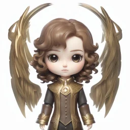 a chibi androgynous person with lithe body structure, shoulder length, curly brown hair, long eyelashes, brown eyes, smooth, pale skin, androgynous clothing, intricately detailed, 3d doll