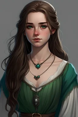A rebellious princess in medieval times. She has long brown hair and faded green eyes. She had somewhat of a hooked nose. She has a slender build and is fairly tall. She has a blue pendant crystal on a necklace. She wears a white and black dress with high thigh slits. Her skin is a little tanned. She is 15 years old.