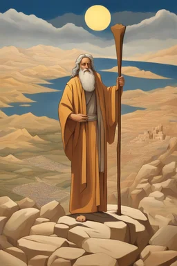 Moses stands on a mountain and holds a wooden staff, at his feet are fragments of stone tablets on which the 10 commandments were written, and below is a valley with the cities of Palestine of sands, tents and mountains. There is a silhouette of God in the sky. Everything is painted in oil painting with high-quality drawing of details