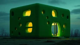 Enigmatic green cube-shaped dwelling. Imagine a single-family home that defies convention and emerges as a pure green cube, with a strange sense of mysticism. Random gaps and windows of various shapes and sizes punctuate the surface of the cube, like an organic, futuristic sculpture. As the sun sets, the cube's luminescent quality intensifies, casting an otherworldly ambiance onto the surrounding landscape. The atmosphere is calm, yet eerie, as if the cube holds secrets and whispers them to the