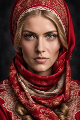 portrait a dark blonde young married woman in authentic Hungarian sárköz folk red woman headscarf , look at the camera, high realistic, high qulity, detailed, sad, beauty, perfect photo