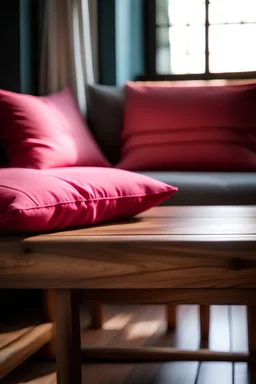 image of a wooden table with a pink pillow
