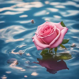 beautiful pink rose flower on sunny blue surface water