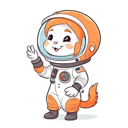 Create a full cartoon version of a girl astronaut with a ferret, with orange hair, waving at the camera and smiling a lot, showing all her limbs, full HD, adorable, cute, vector illustration, white background, artsy,coloring book