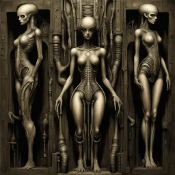 In HR Giger's artwork, the biomechanical theme often extends to the representation of human figures, including depictions of multiple female figures. Giger's two-girl biomechanical imagery is characterized by the fusion of organic and mechanical elements, creating a disturbing and otherworldly vision of female forms. The two-girl biomechanical compositions by Giger often feature twisted and contorted bodies intertwined in a surreal and unsettling manner. The intricate details and dark color pal