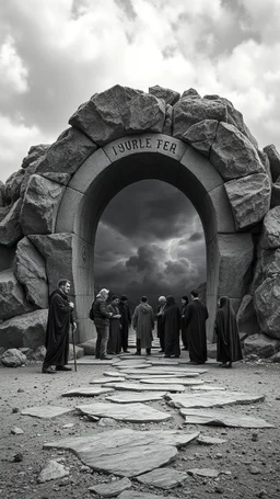 A depressing image of pattera in Jordan sad and emotional thought-provoking image of A rocky portal of a strange ring with strange words on it , the world of gray. Several people standing in the color world begging those in the gray All the people in the gray world are shades of grayscale. The 10 people in the gray are all sad and depressed several crying and weeping. Those beyond the portal in the color world are living and joyful.a stormy wether in the. Background