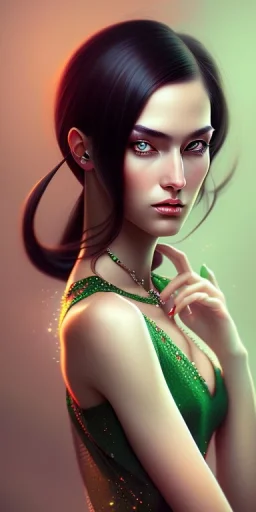 Beautiful female woman with black hair, green eyes, high quality render in the style of Norman Rockwell