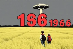 bumper sticker design, westall in bold heading text ufo 1966, lots of school children looking up in a field, mysterious cool, bold