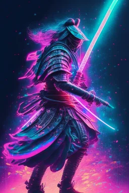 Mystical samurai emitting an aura with a long, neon sword emitting an aura