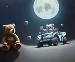 little boy and big teddy bears on moon. drifting in old bmw. oil on canvas