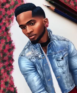 Fashion illustration, fashion drawing, Croquis, Hussein Suleiman, Jefferson Osei, Abderrahmane Trabsini, mudcloth fabric denim jacket, kente cloth, jeans, flare leg, African American model, Luke Edward Hall, red denim jacket, fringe