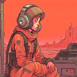 Moebius style scifi pilot girl with headphones, pilot helmet and exosuit sitting in a starship cockpit with solid earthy colors with a desert and dusty station in the background