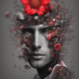 portrait of man with an exploding flower and butterflies inside his face, highly detailed black and white with red accents, digital painting.