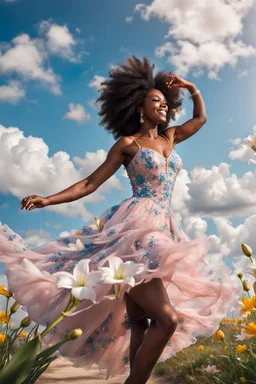 The camera zooms in, focusing sharply on very beautiful black girl with make up Lily wearing pretty dress as she dances gracefully in the same romantic environment with flowers and sky with nice clouds. Her joy and youth are presented against the backdrop of the surreal surroundings.