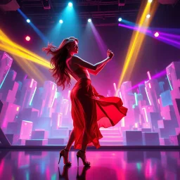 A breathtaking 3D animation of a passionate woman dancing a hot, energetic salsa. Her movements are fluid, expressive, and perfectly synchronized. Surrounding her is a futuristic, evolving stage filled with animating abstract 3D geometric structures that constantly morph, shift, and pulse to the rhythm. Dynamic, vibrant neon lights, colorful volumetric laser beams, and dramatic strobes sweep across the dark environment, casting beautiful shadows. Cinematic camera movement with smooth tracking