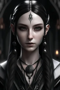 Young female high elf noble wizard with Sharpe elf ears dark black eyes and very pale skin long jet black hair with braids in, photo realisim fantasy dungeon and dragons